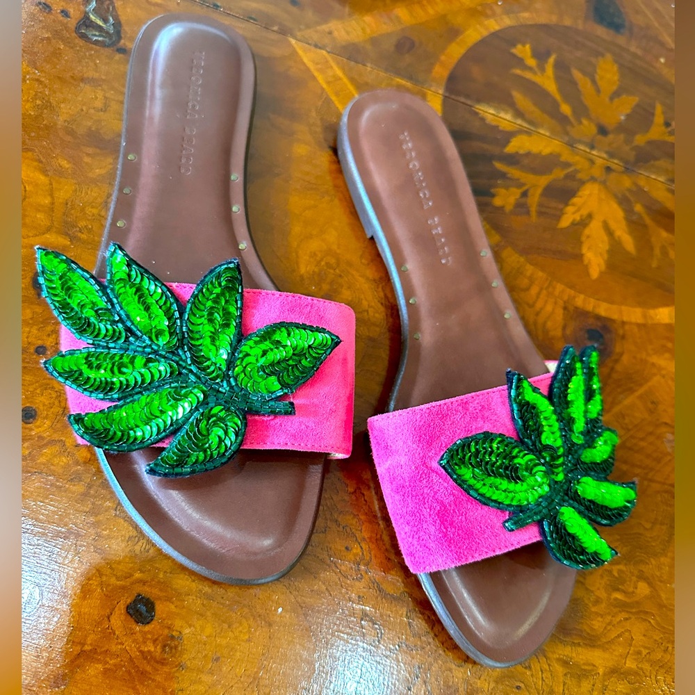 Veronica Beard Hot pink suede leather slides size 37 with sequin leaf
